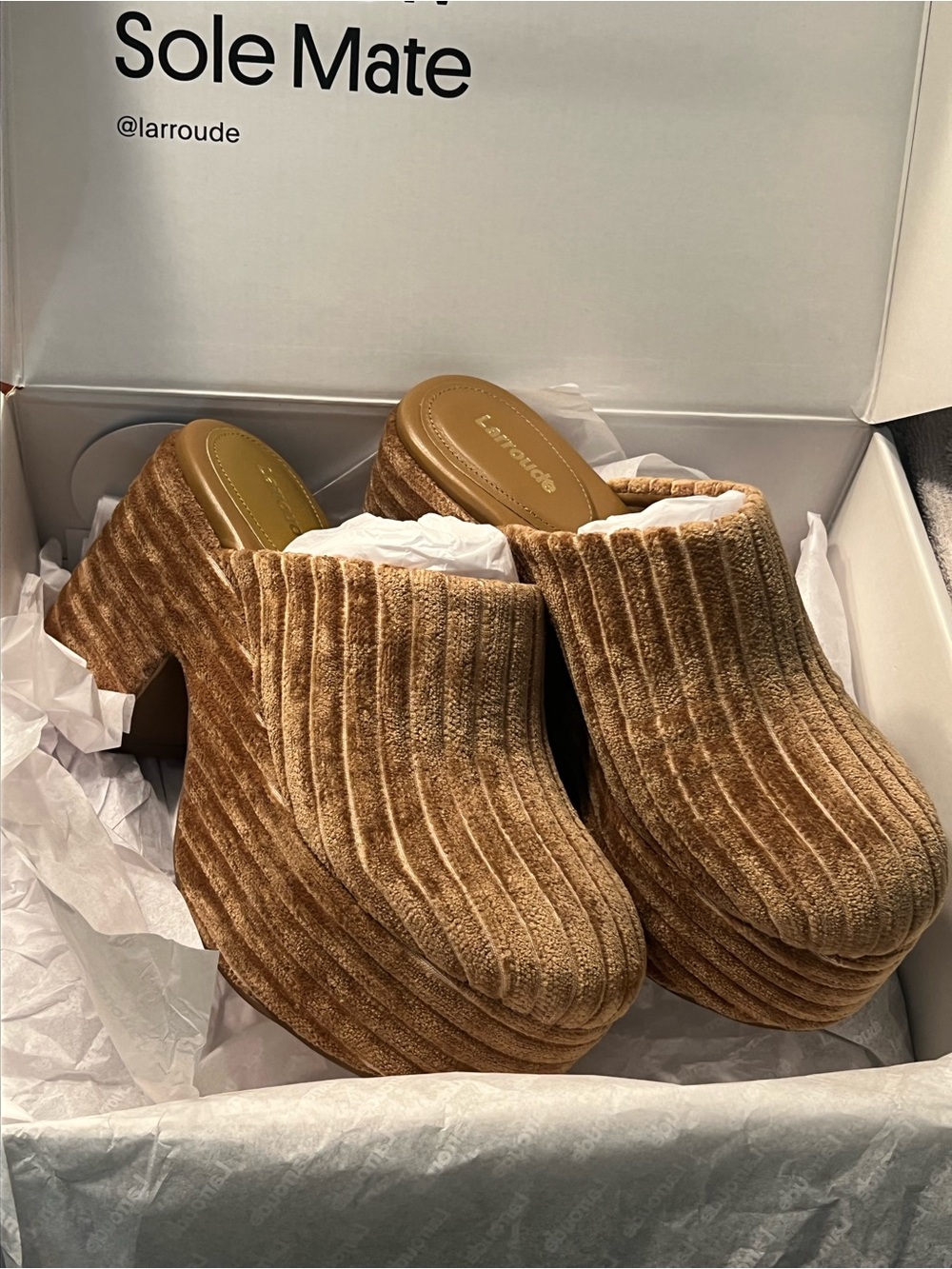 Larroude Latte Velvet Clogs
